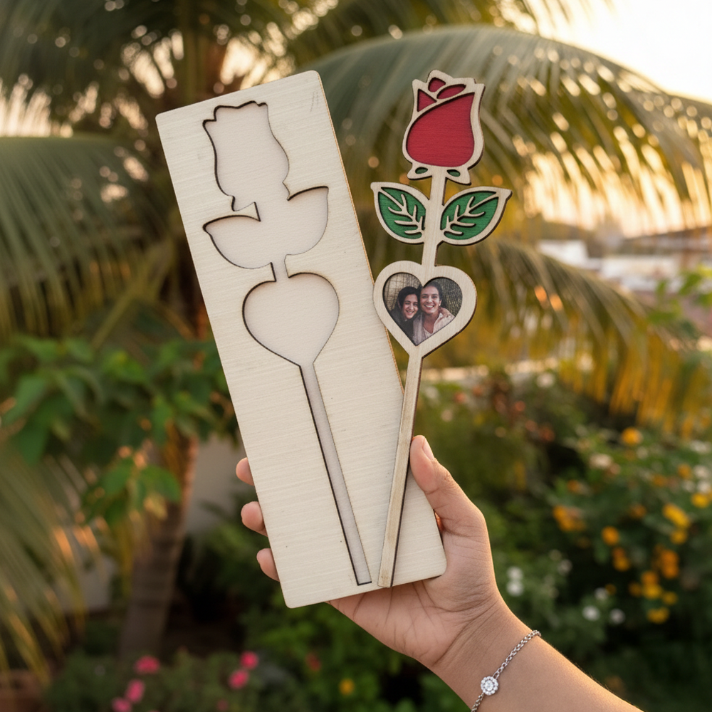 Wooden Rose with Custom Photo Heart – A Symbol of Forever Love