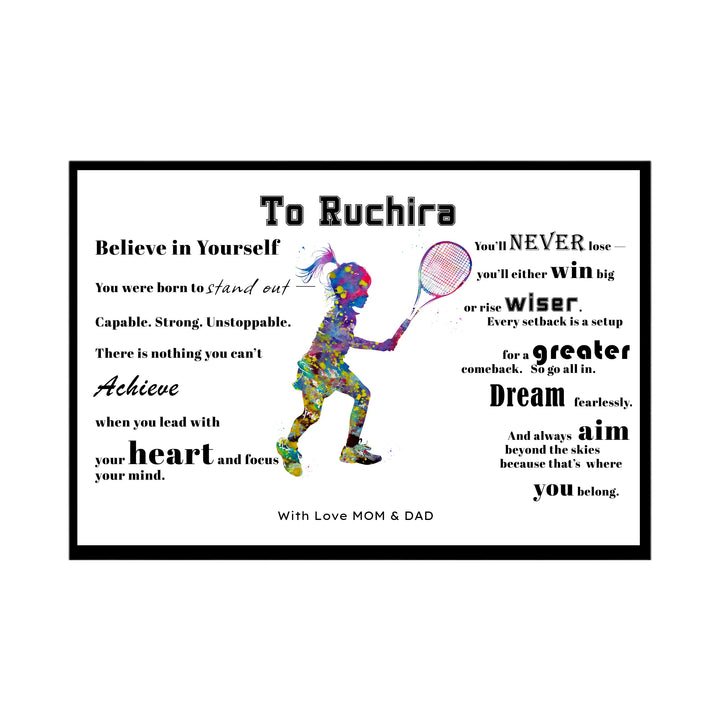 Personalized Tennis Wall Art – Girl Player with Custom Name & Message