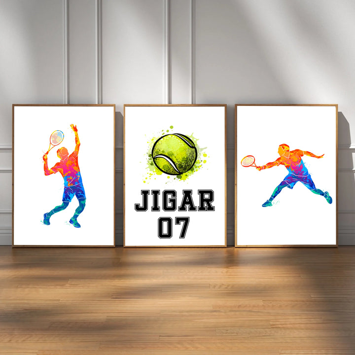 Personalised Tennis Player Wall Art for Boys (Framed Set of 3)