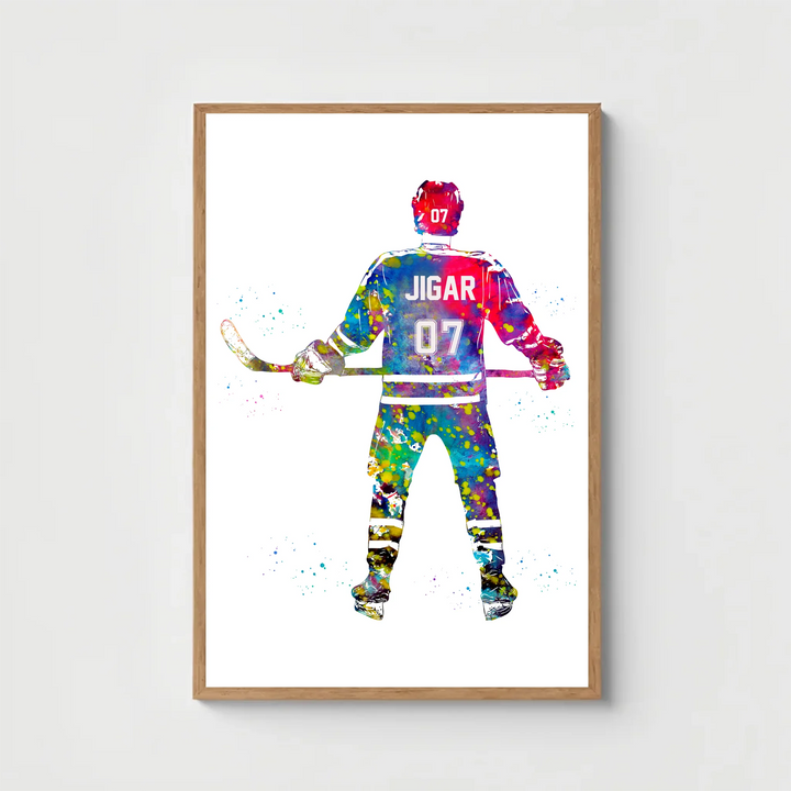 Personalised Colourful Hockey Player Wall Art – Custom Name & Jersey Number for Boys