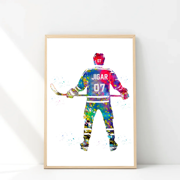 Personalised Colourful Hockey Player Wall Art – Custom Name & Jersey Number for Boys