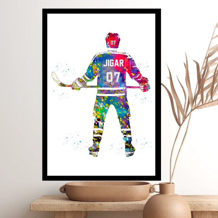 Personalised Colourful Hockey Player Wall Art – Custom Name & Jersey Number for Boys