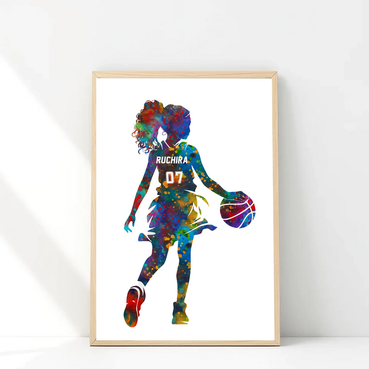 Personalised Colourful Basketball Wall Art for Girls – Custom Name & Jersey Number