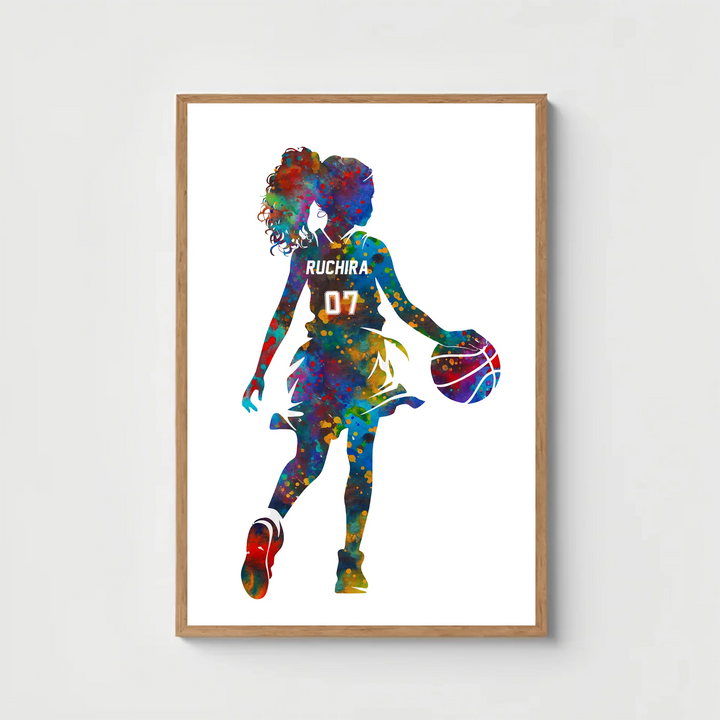 Personalised Colourful Basketball Wall Art for Girls – Custom Name & Jersey Number