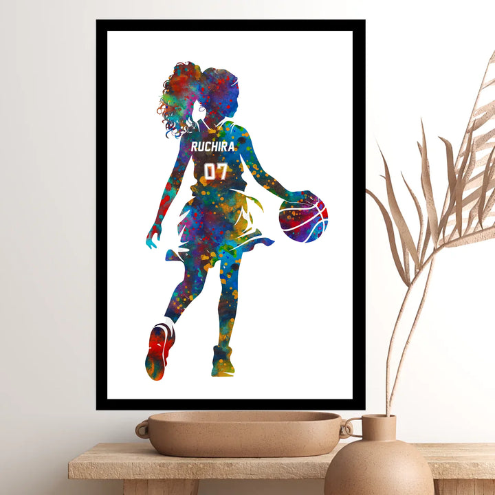 Personalised Colourful Basketball Wall Art for Girls – Custom Name & Jersey Number