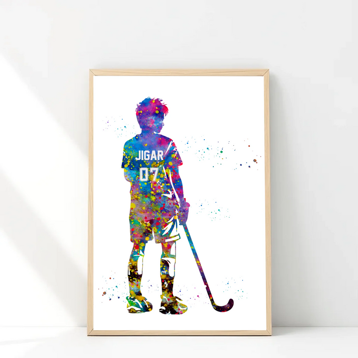 Personalised Colourful Hockey Player Wall Art for Boys – Custom Name & Jersey Number