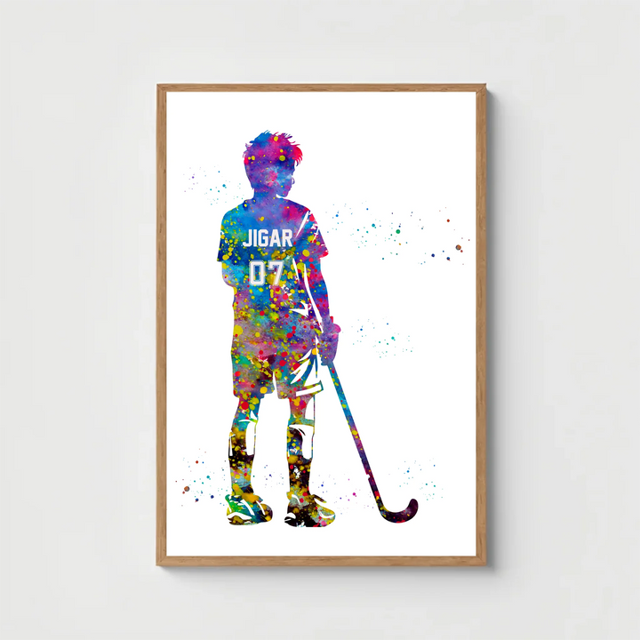 Personalised Colourful Hockey Player Wall Art for Boys – Custom Name & Jersey Number