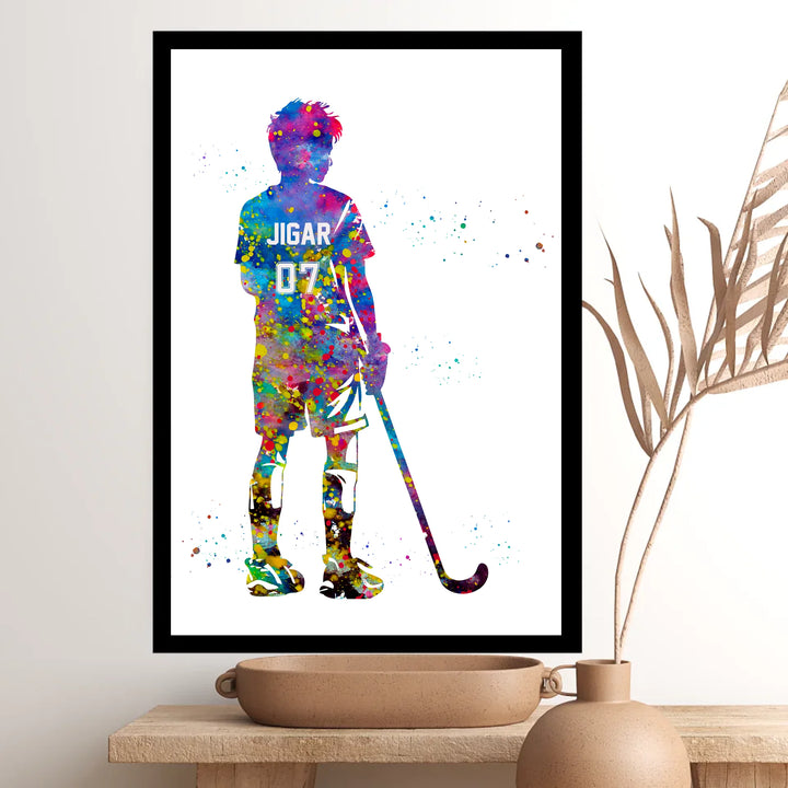 Personalised Colourful Hockey Player Wall Art for Boys – Custom Name & Jersey Number