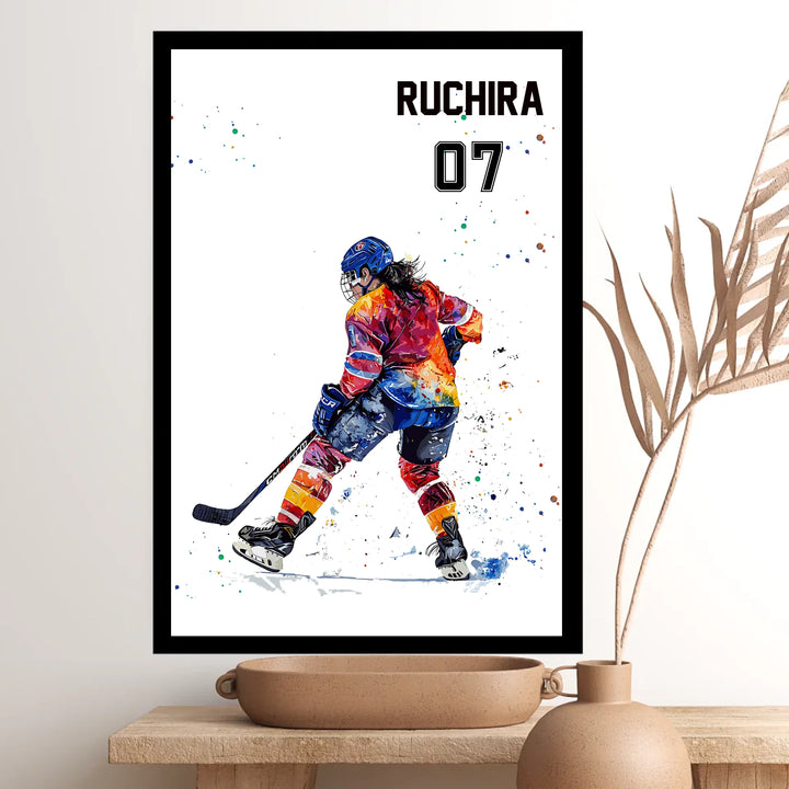 Personalised Colourful Hockey Player Wall Art for Girls – Custom Name & Jersey Number