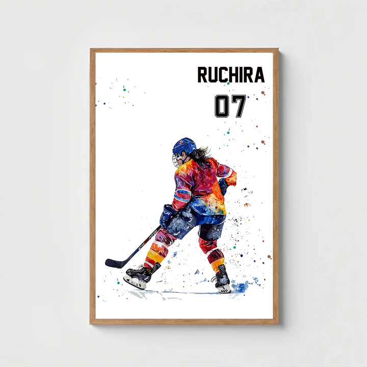 Personalised Colourful Hockey Player Wall Art for Girls – Custom Name & Jersey Number