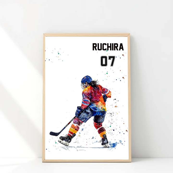 Personalised Colourful Hockey Player Wall Art for Girls – Custom Name & Jersey Number