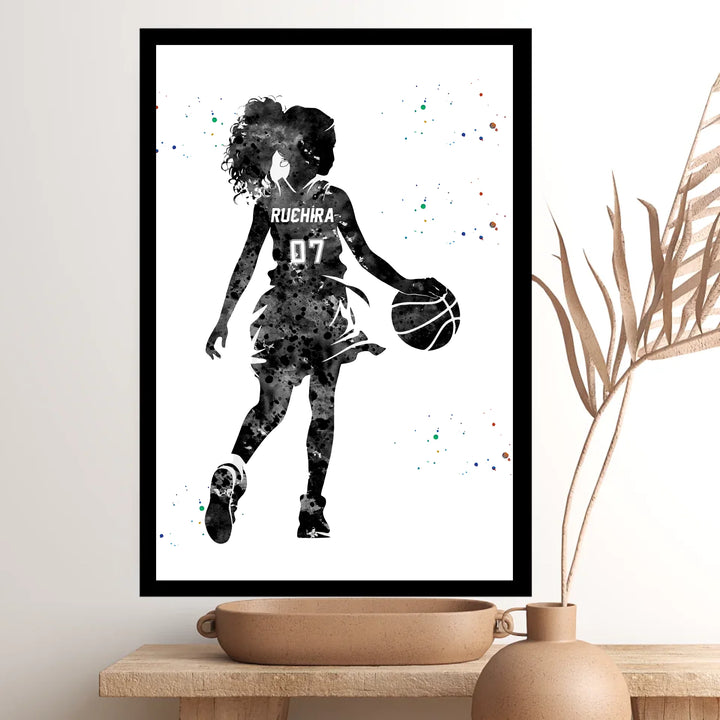 Personalised Black & White Basketball Wall Art for Girls – Custom Name & Jersey Number