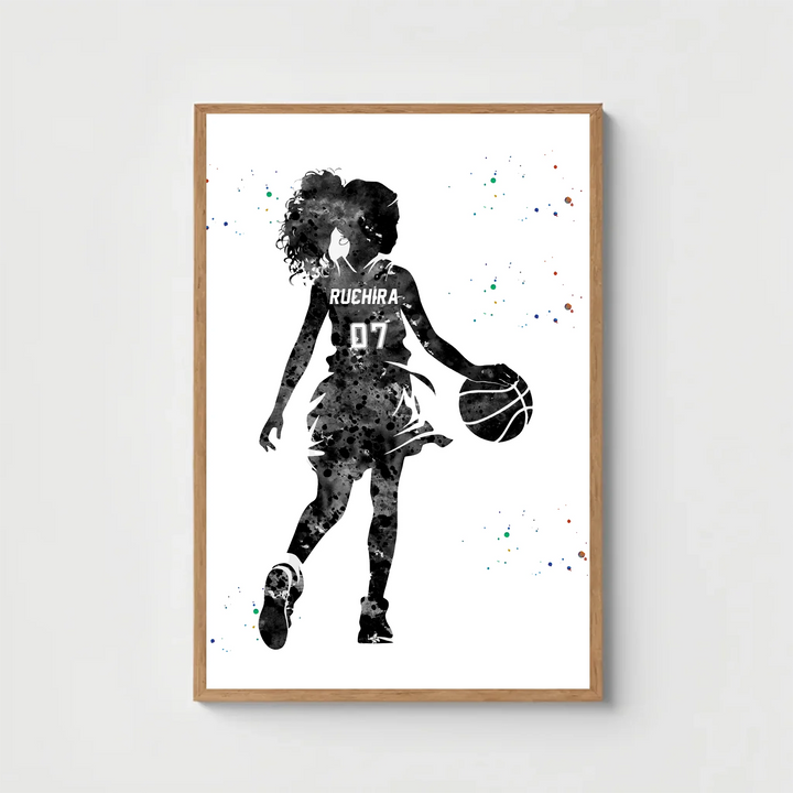 Personalised Black & White Basketball Wall Art for Girls – Custom Name & Jersey Number