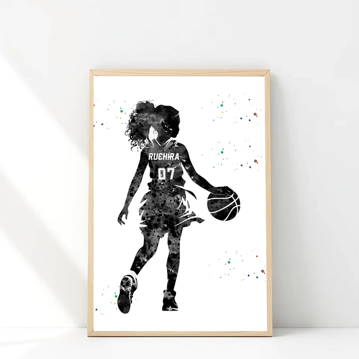 Personalised Black & White Basketball Wall Art for Girls – Custom Name & Jersey Number