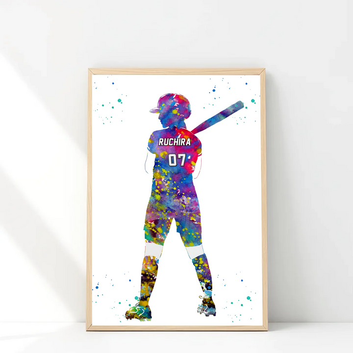 Personalised Colourful Baseball Wall Art for Girls – Custom Name & Jersey Number