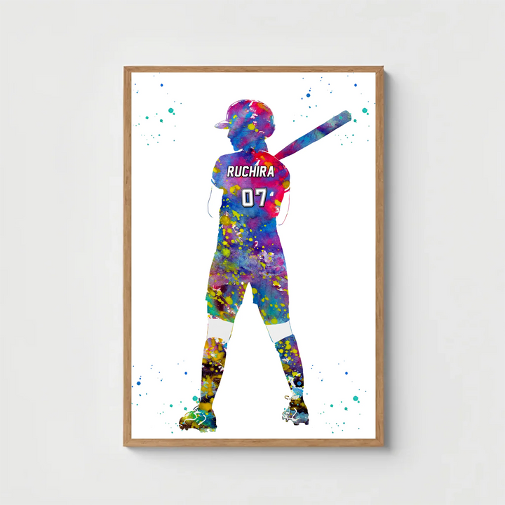 Personalised Colourful Baseball Wall Art for Girls – Custom Name & Jersey Number