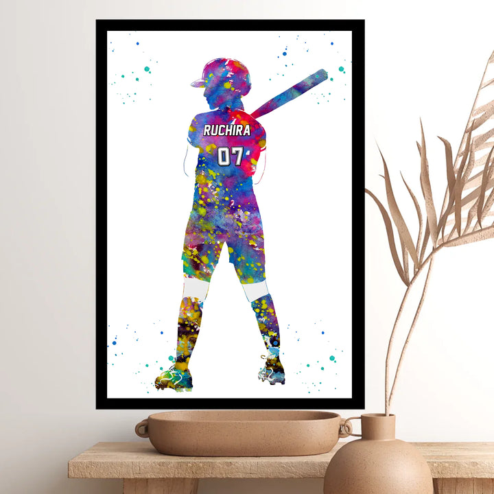 Personalised Colourful Baseball Wall Art for Girls – Custom Name & Jersey Number