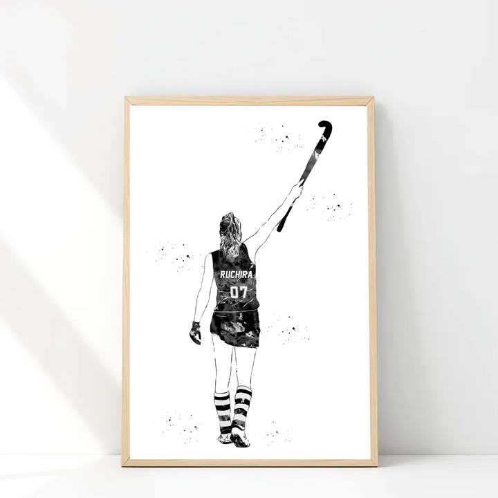 Personalised Field Hockey Wall Art for Girls – Custom Name & Jersey Number B/W