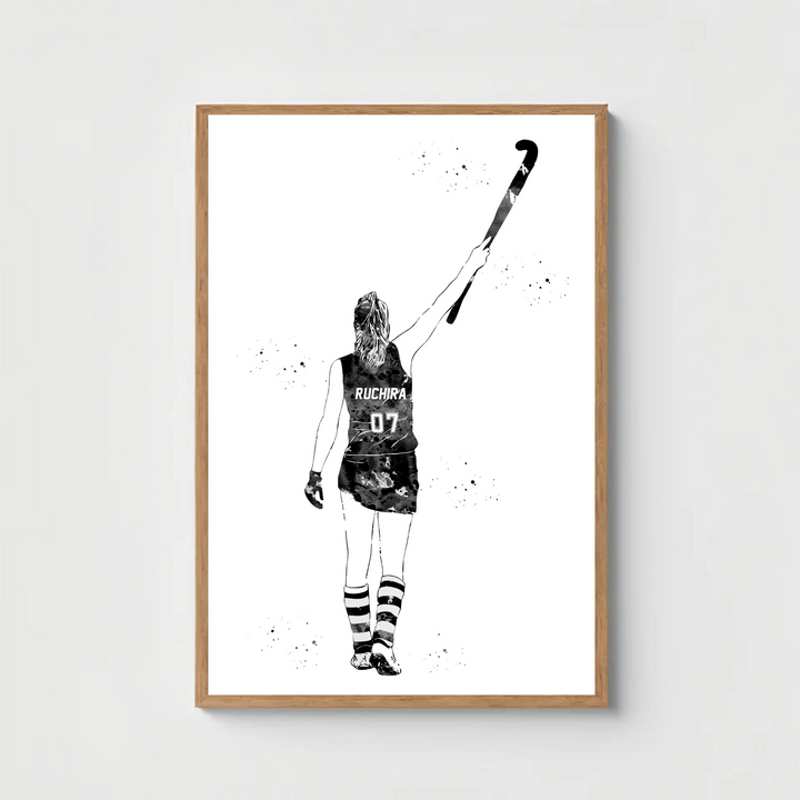 Personalised Field Hockey Wall Art for Girls – Custom Name & Jersey Number B/W