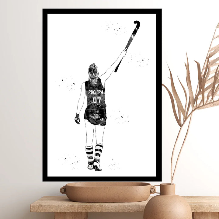 Personalised Field Hockey Wall Art for Girls – Custom Name & Jersey Number B/W