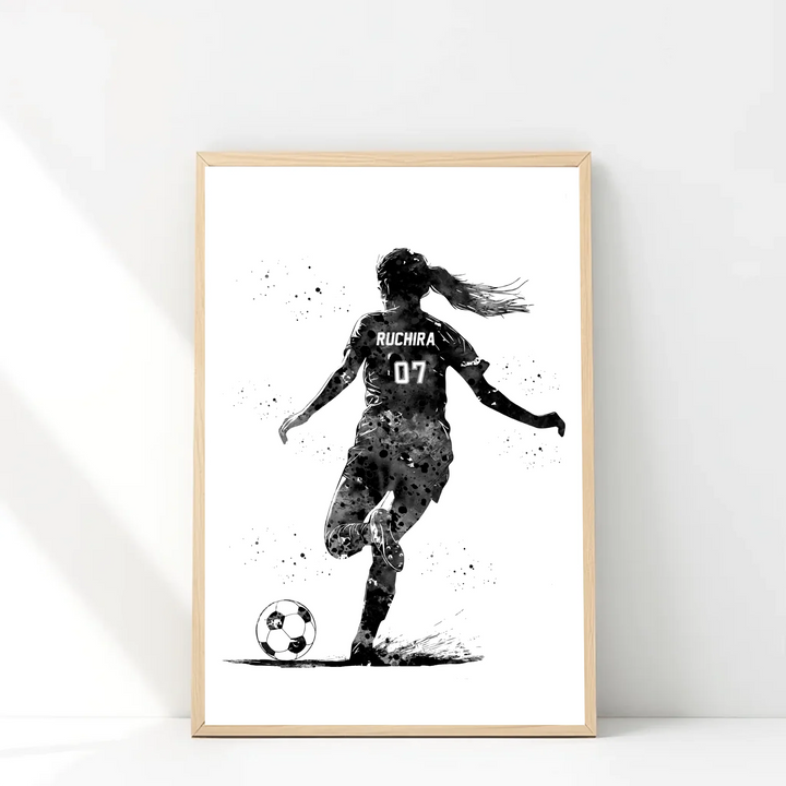 Personalised Football Wall Art for Girls – Custom Name & Jersey Number B/W
