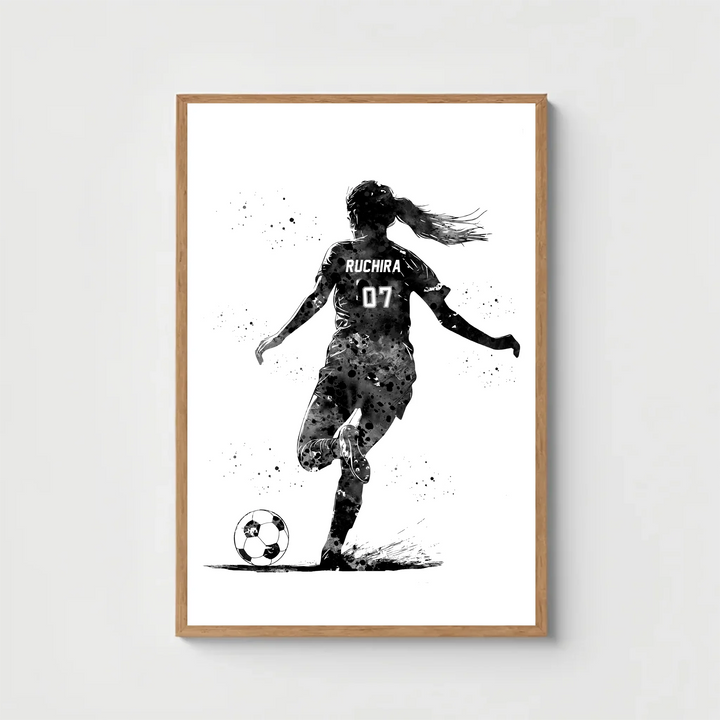 Personalised Football Wall Art for Girls – Custom Name & Jersey Number B/W