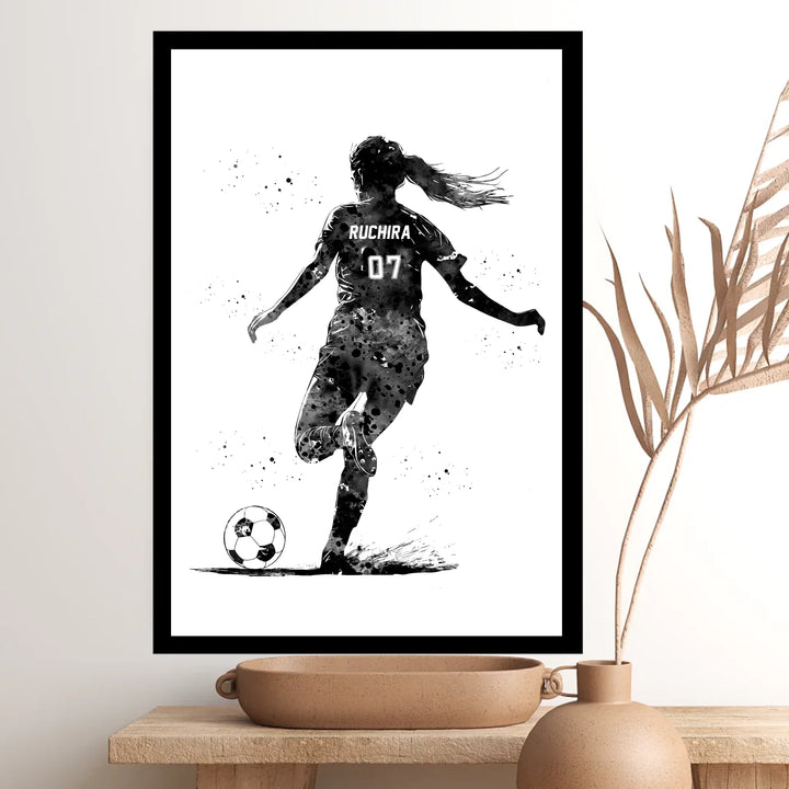 Personalised Football Wall Art for Girls – Custom Name & Jersey Number B/W