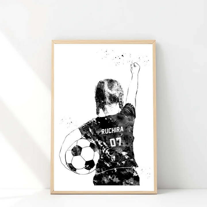 Personalized Black and White Soccer Wall Art for Girls – Custom Name & Jersey Number