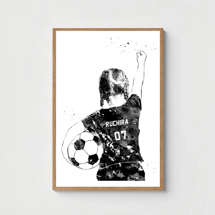 Personalized Black and White Soccer Wall Art for Girls – Custom Name & Jersey Number