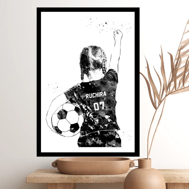 Personalized Black and White Soccer Wall Art for Girls – Custom Name & Jersey Number