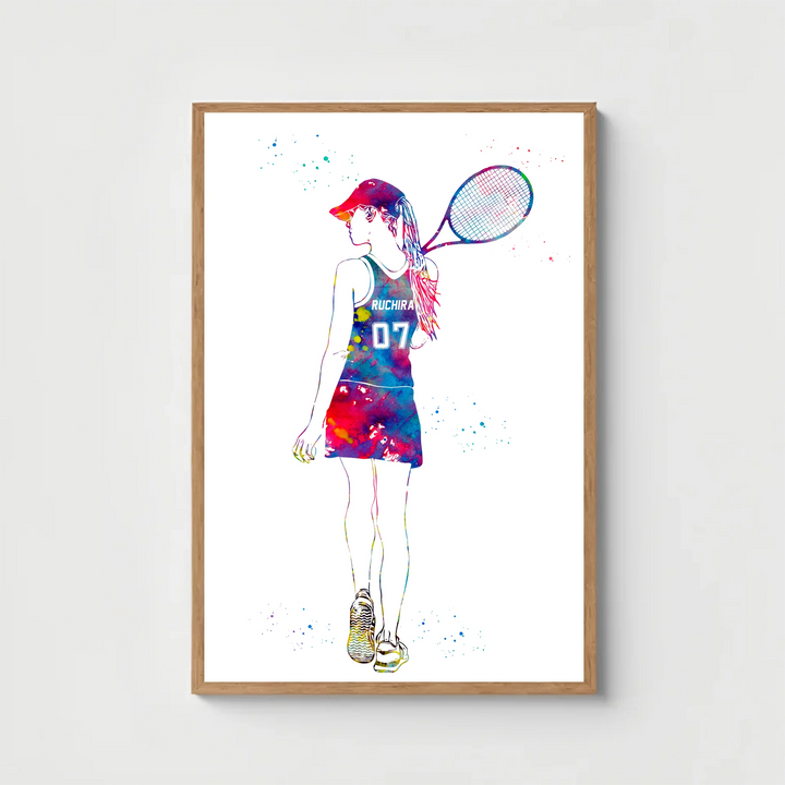 Personalised Watercolour Tennis Wall Art – Custom Name & Jersey Number