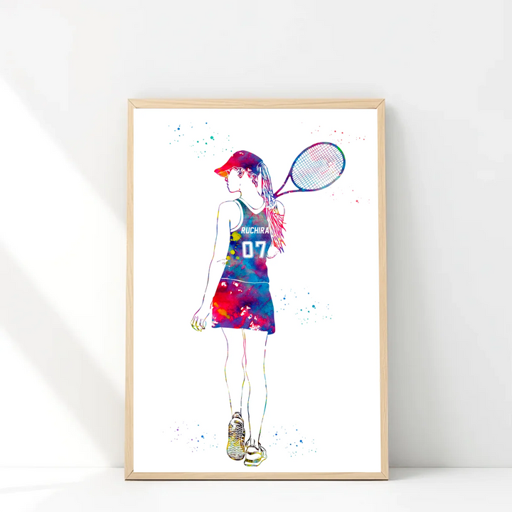 Personalised Watercolour Tennis Wall Art – Custom Name & Jersey Number