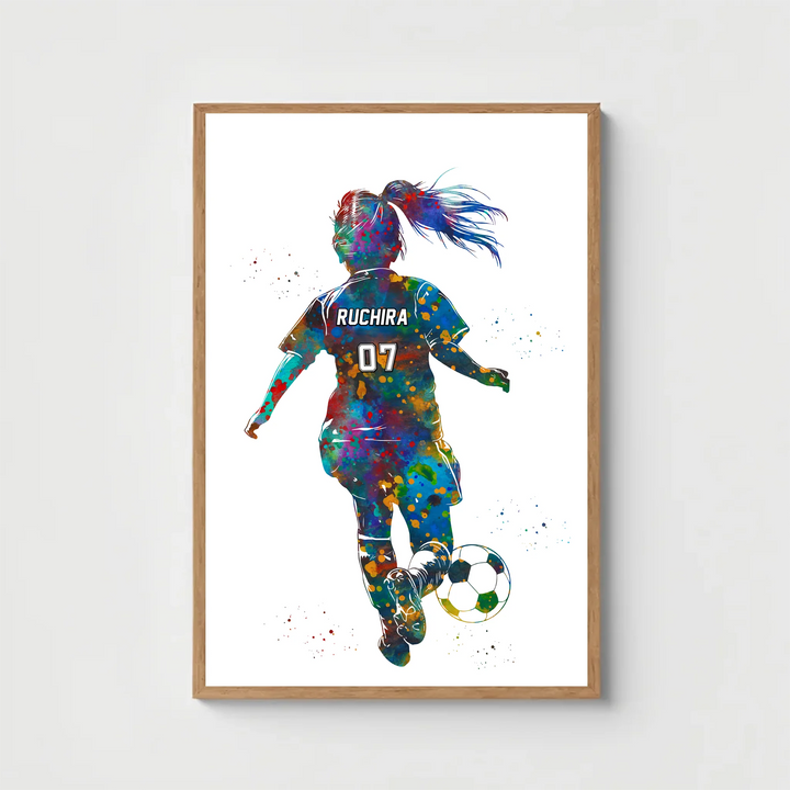 Personalised Football Player Watercolour Print | Custom Name & Jersey Number