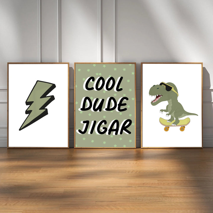 Custom Name Kids Room Wall Art Set with Frame | Personalised Dinosaur & Lightning Bolt Prints
