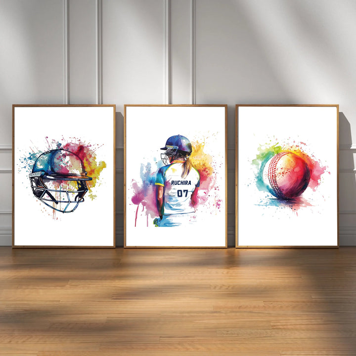 Set of 3 Custom Cricket Poster Prints – Watercolour Wall Art with Name & Jersey Number Framed Cricket Gift for Girls' Bedroom