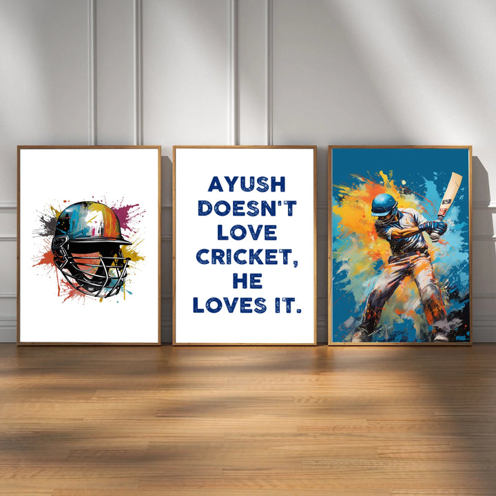 Personalised Cricket Graffiti Wall Art Set (3 Prints) - Custom Name & Number Boys Room Decor Gift