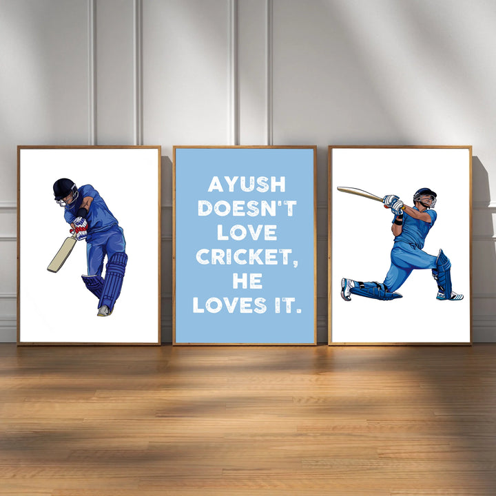 Personalised Cricket Posters Set of 3 - Custom Message Sports Wall Art for Boys & Teen Room