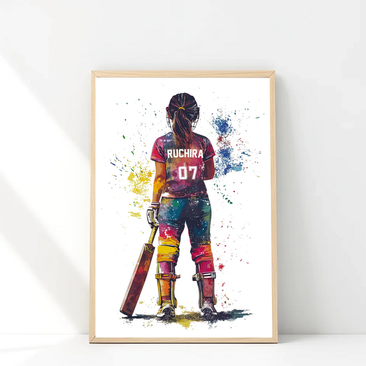 Personalised Girls Cricket Wall Art Custom Name Poster for Girls Bedroom Decor & Gift
