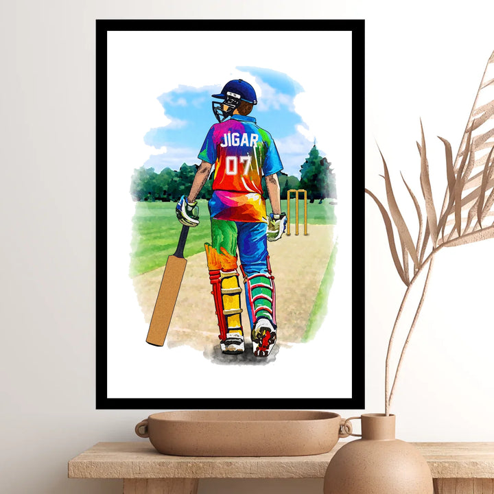 Personalised Male Cricket Player Watercolour - Custom Sports Art for Him