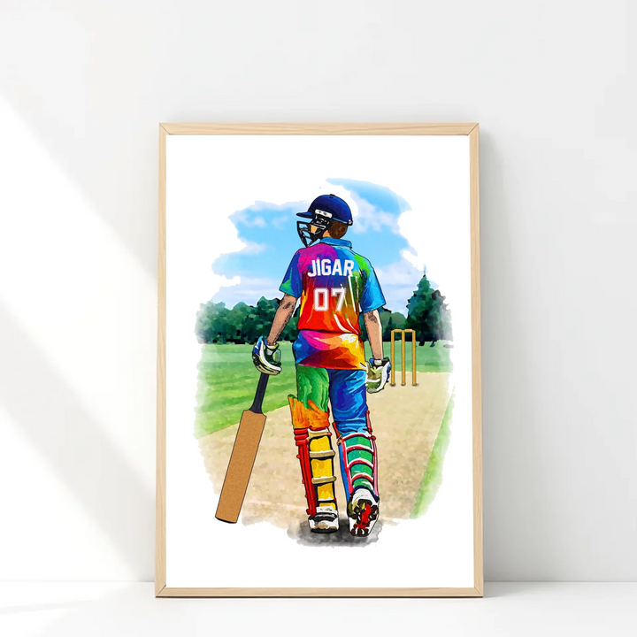 Personalised Male Cricket Player Watercolour - Custom Sports Art for Him