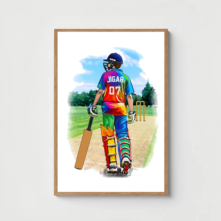 Personalised Male Cricket Player Watercolour - Custom Sports Art for Him