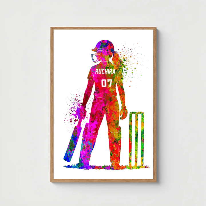 Personalised Female Cricket Player Watercolour - Custom Sports Art for Her