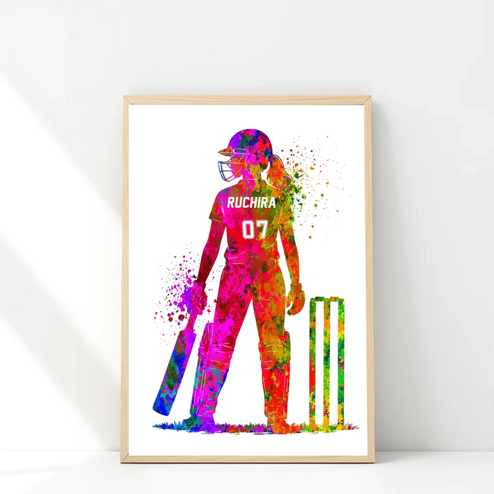 Personalised Female Cricket Player Watercolour - Custom Sports Art for Her