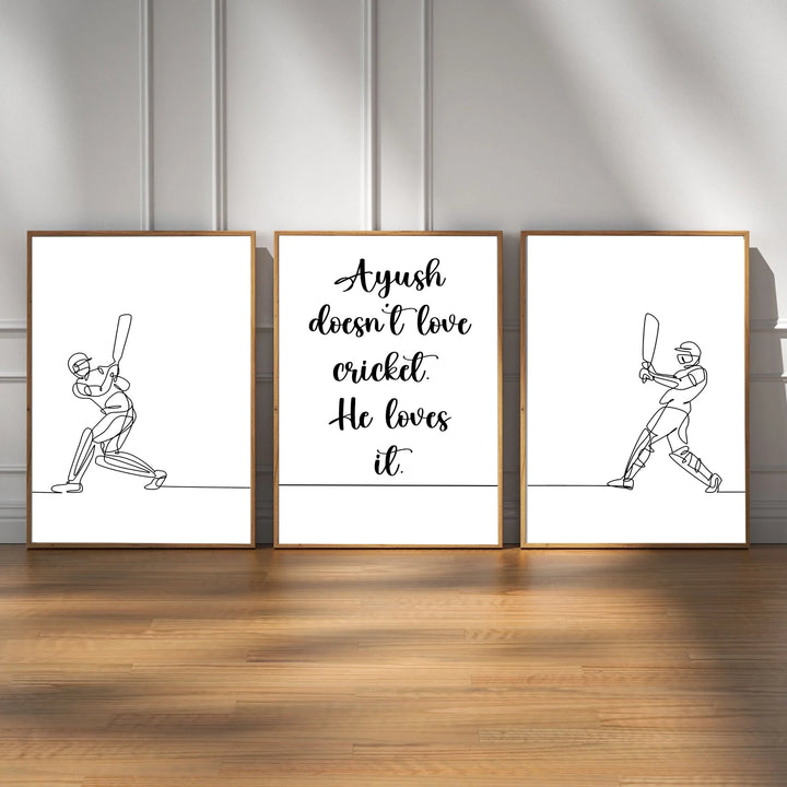 Minimalist Cricket Wall Art Set Of 3 - One Line Sports Art Print for Room Decor & Gifts