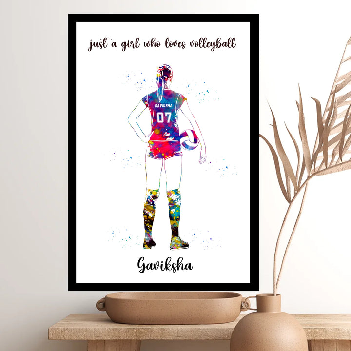 Personalised Volleyball Player Girl Art - Custom Name & Number Sport Watercolour Print