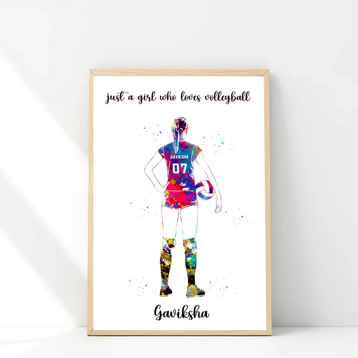 Personalised Volleyball Player Girl Art - Custom Name & Number Sport Watercolour Print