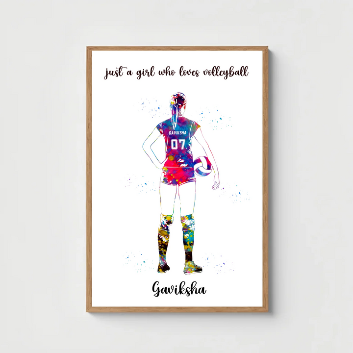 Personalised Volleyball Player Girl Art - Custom Name & Number Sport Watercolour Print
