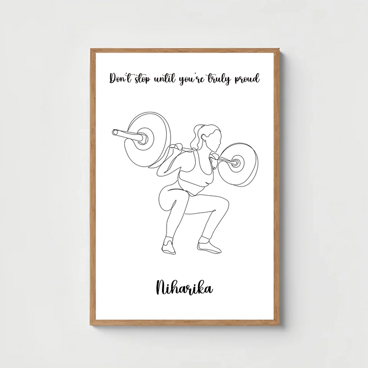Personalised Minimalist Weightlifter Line Art for Girls - Custom Name & Message