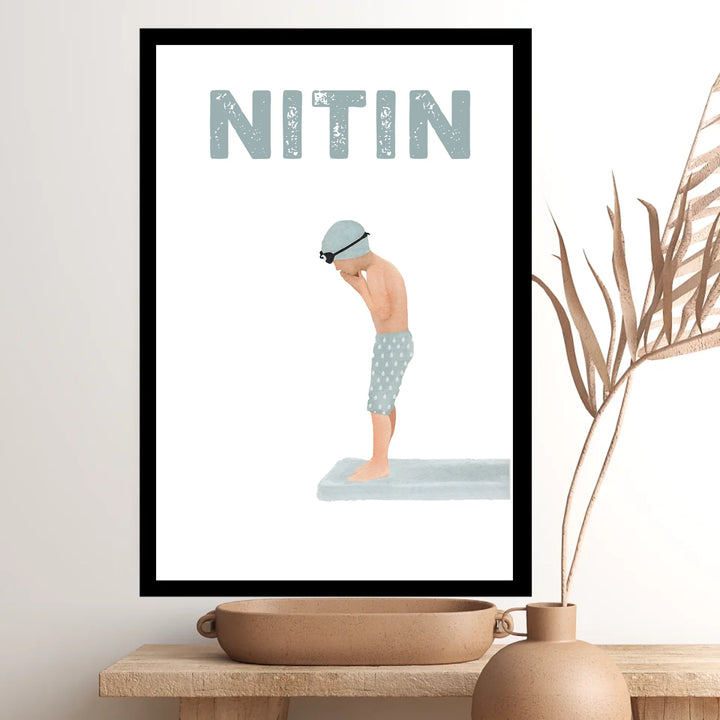 Swimmer Wall Art - Minimalist Kids Decor & Diving Board Print for Boys Room & Nursery