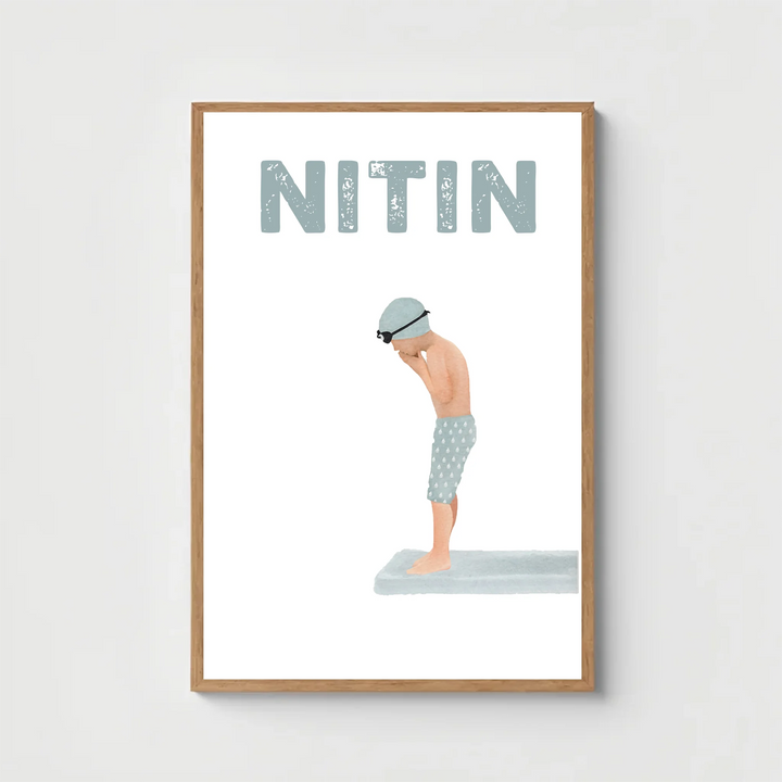 Swimmer Wall Art - Minimalist Kids Decor & Diving Board Print for Boys Room & Nursery